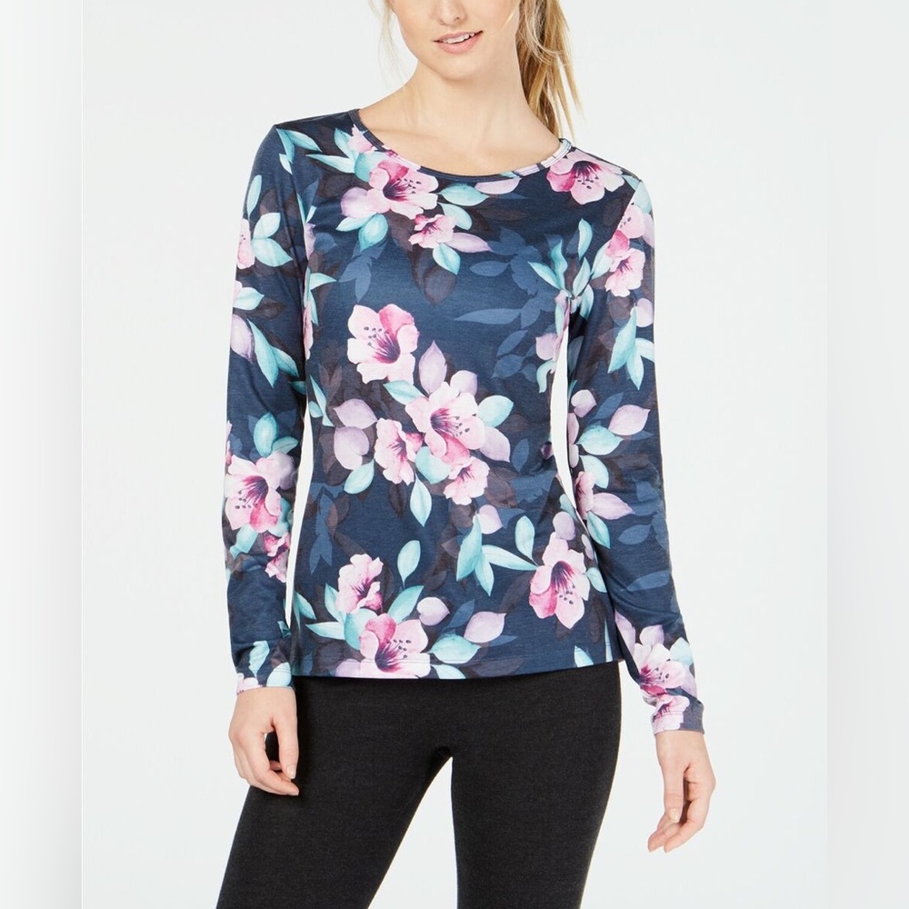 Ideology Printed Keyhole Back Top Pacific Teal Floral Size Large T-Shirt Blouse